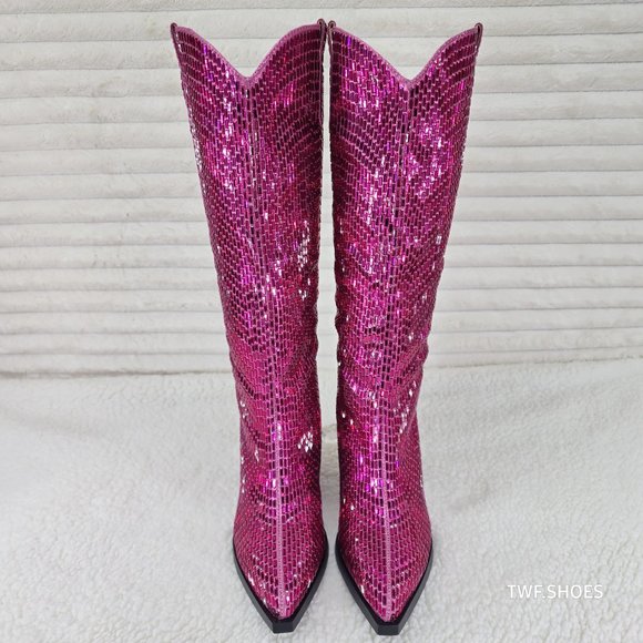 Mirage Fuchsia Pink Rhinestone Pull On Western Cowgirl Knee Boots - Picture 5 of 17